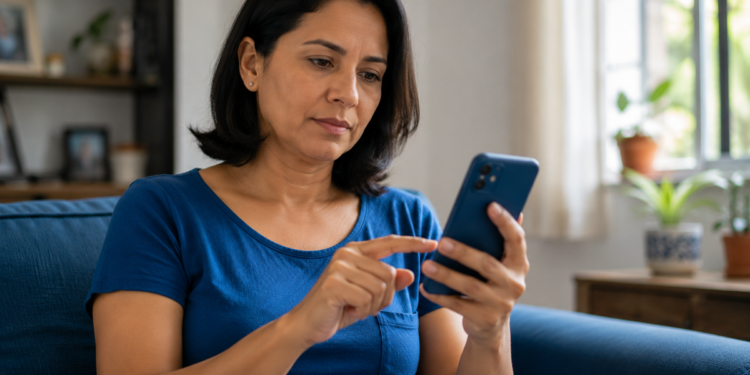 Imagem ilustrativa de mulher de blusa azul sentada no sofá tocando a tela do smartphone em casa, referência ao uso do aplicativo para acessar serviços de saúde pelo celular