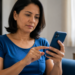 Imagem ilustrativa de mulher de blusa azul sentada no sofá tocando a tela do smartphone em casa, referência ao uso do aplicativo para acessar serviços de saúde pelo celular
