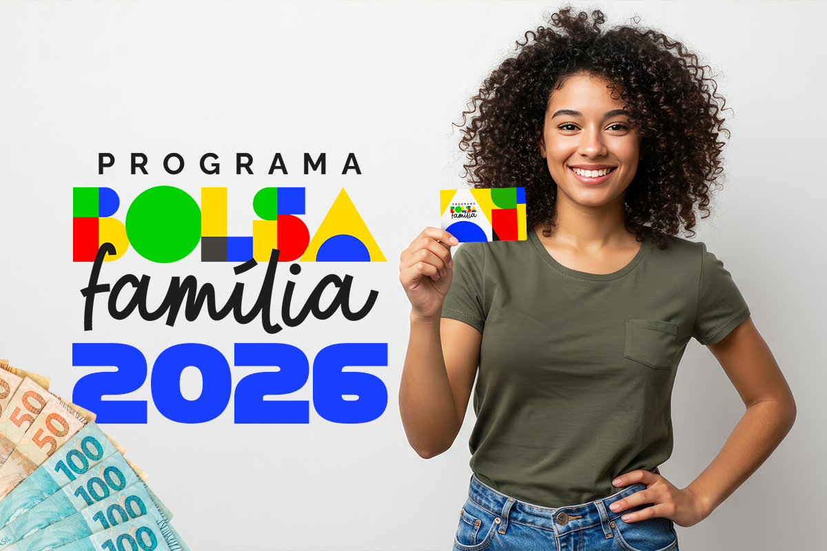 Imagem ilustrativa da arte do Programa Bolsa Família 2026, com mulher segurando o cartão do benefício ao lado de cédulas de real, em referência ao pagamento de agosto liberado para o NIS de final 3