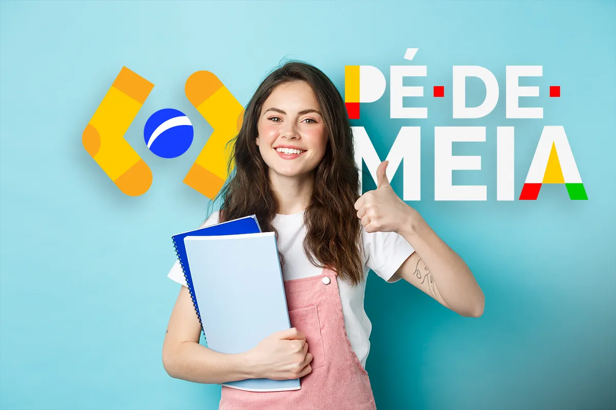 Arte com a identidade visual do Pé-de-Meia sobre foto de estudante sorridente segurando cadernos, em referência aos critérios para receber o benefício
