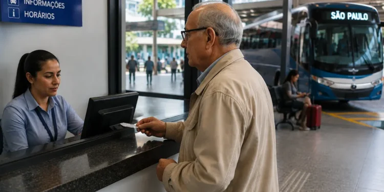 Idoso compra passagem de ônibus com desconto em terminal rodoviário após decisão que beneficia pessoas com 60 anos ou mais.