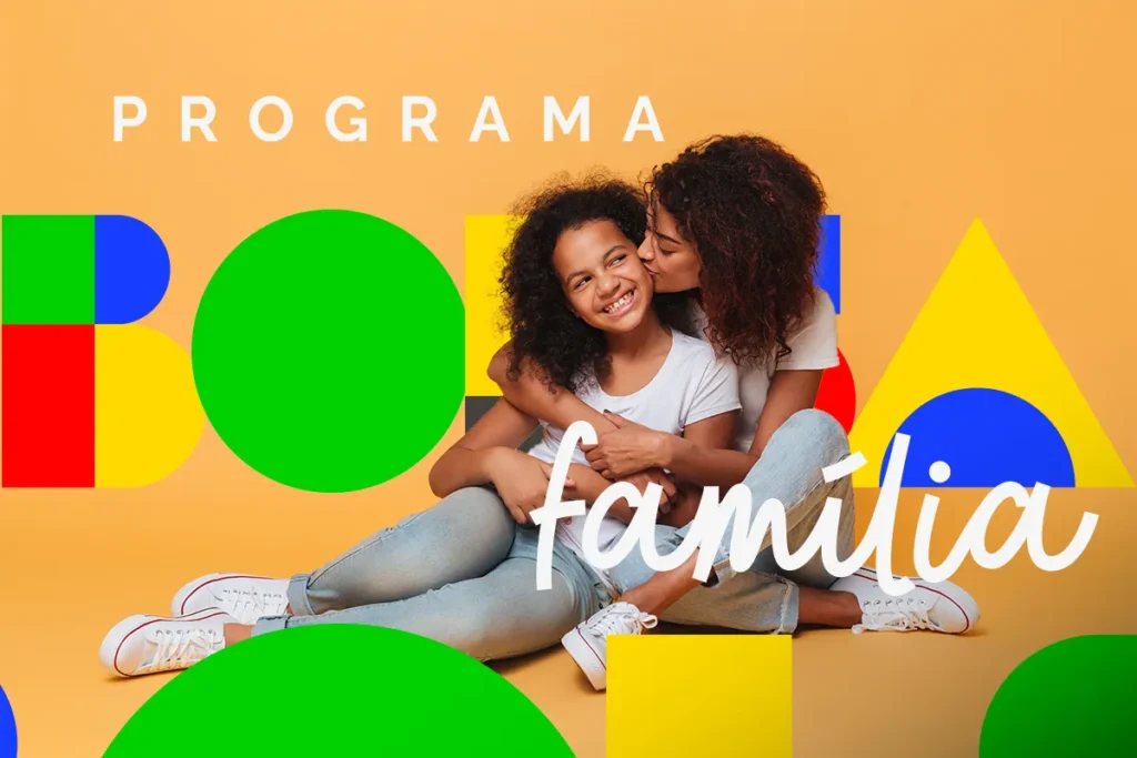 Arte de divulgação do Programa Bolsa Família, com a marca do programa aplicada sobre fundo colorido.