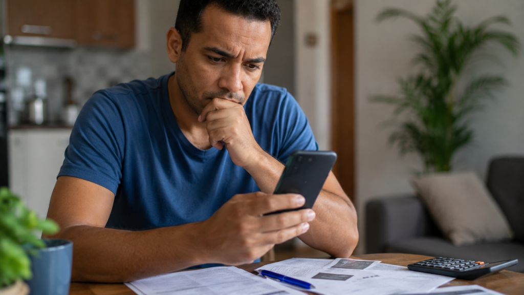 Imagem ilustrativa de homem sentado à mesa consultando o celular diante de boletos e calculadora, em referência aos canais disponíveis para renegociar dívidas no Desenrola Brasil