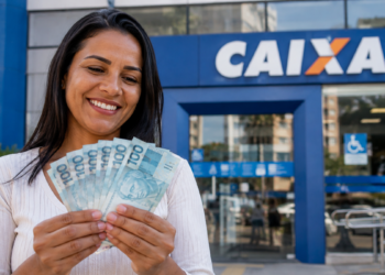 Imagem ilustrativa de mulher sorridente segurando várias cédulas de cem reais em leque diante da fachada de uma agência da Caixa, referência à liberação do saque para os aniversariantes do mês