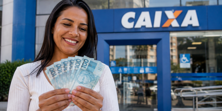 Imagem ilustrativa de mulher sorridente segurando várias cédulas de cem reais em leque diante da fachada de uma agência da Caixa, referência à liberação do saque para os aniversariantes do mês