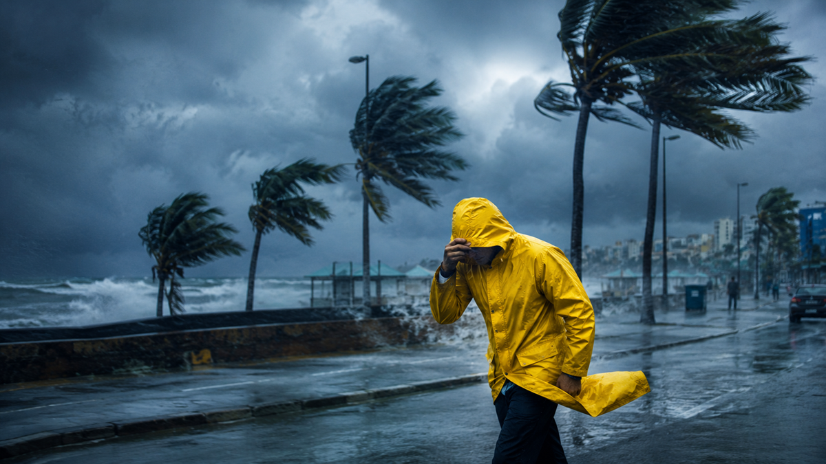 Imagem ilustrativa de homem de capa amarela caminhando contra o vento e a chuva em uma orla, com palmeiras curvadas e mar agitado, referência à volta dos temporais no Sul enquanto o Sudeste esquenta