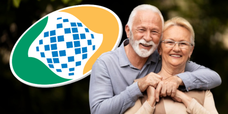 Idosos sorrindo juntos ao ar livre com logo do INSS em destaque.