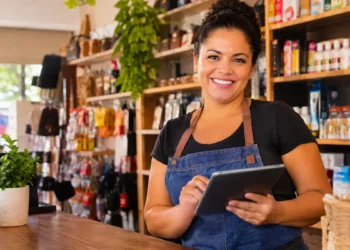 Empreendedora sorri atrás do balcão de sua loja de bairro enquanto registra vendas em um tablet.