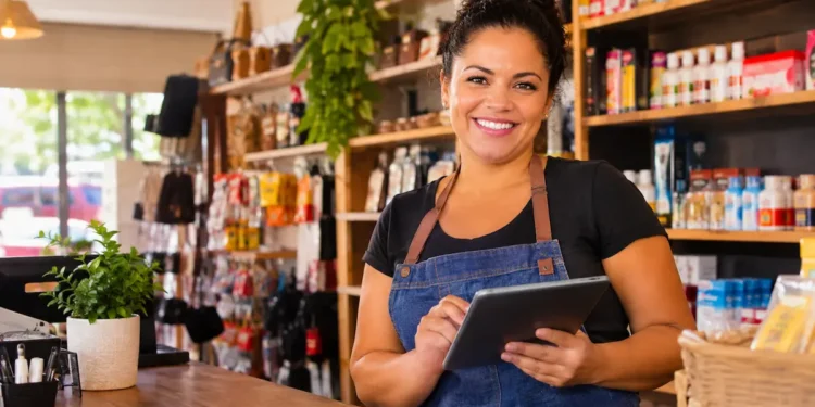 Empreendedora sorri atrás do balcão de sua loja de bairro enquanto registra vendas em um tablet.