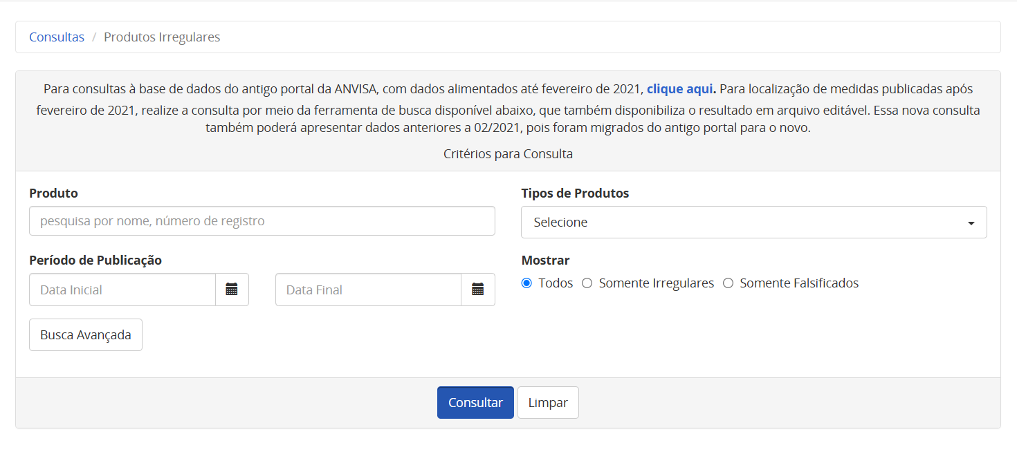Consulta avançada de produtos irregulares no portal da ANVISA.