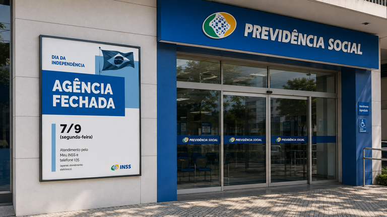 Fachada de agência do INSS com placa informando fechamento em 7 de setembro, cadeiras vazias visíveis dentro.