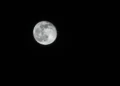 Céu escuro com lua em destaque.