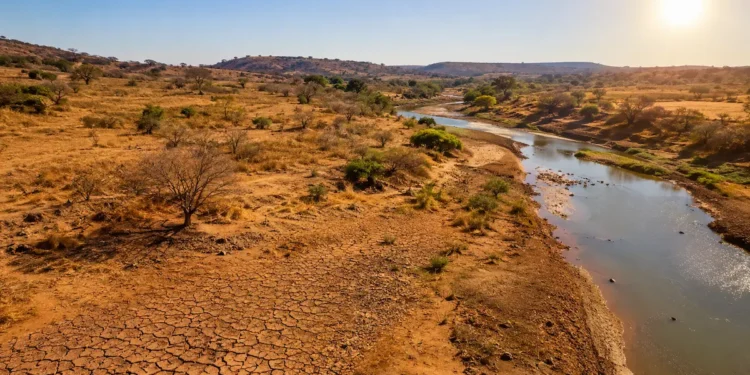 Região rural seca, com solo rachado e rio com pouca água sob forte sol.