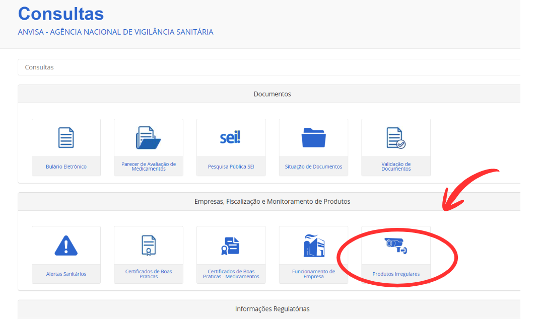 Consulta de Produtos Irregulares da ANVISA destacada por seta vermelha.