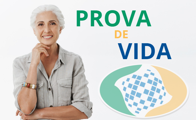 Mulher idosa de cabelos brancos sorrindo ao lado do texto Prova de Vida e logomarca do INSS em fundo branco.