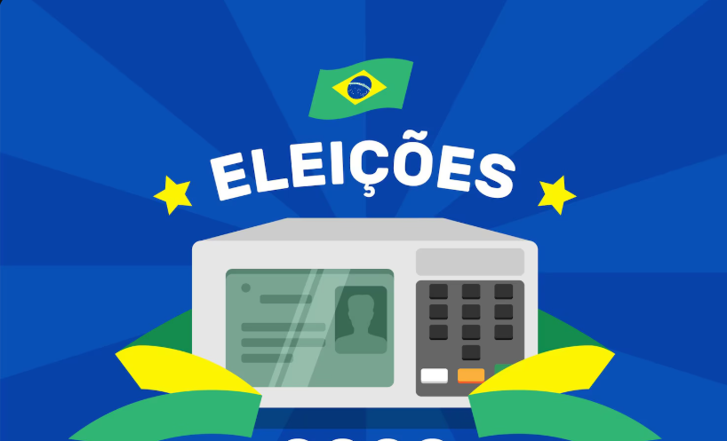 Urna eletrônica com título de eleitor, bandeira do Brasil e texto eleições em destaque.