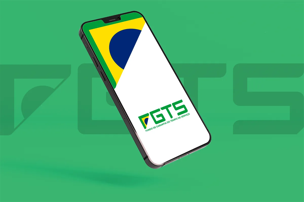 Aplicativo FGTS em destaque no smartphone sobre fundo verde.