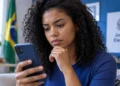 Pessoa consulta smartphone para acompanhar alertas e serviços digitais da Justiça Eleitoral pelo e-Título