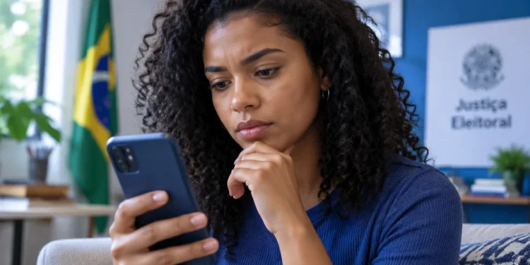 Pessoa consulta smartphone para acompanhar alertas e serviços digitais da Justiça Eleitoral pelo e-Título