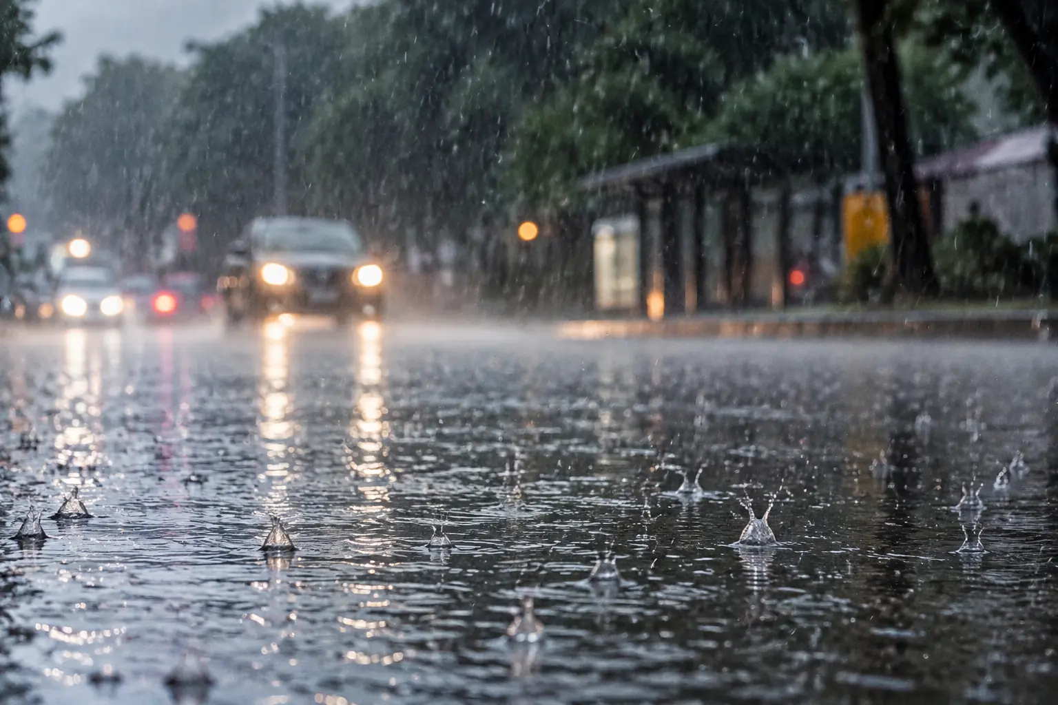Chuva intensa em rua representa a previsão de instabilidades no Sul e Sudeste do Brasil.