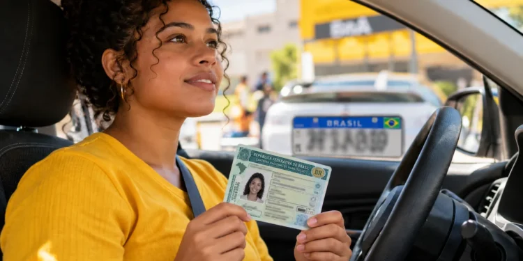 Nova motorista segura carteira de habilitação dentro do carro, representando o aumento nos pedidos de CNH após o programa CNH do Brasil.