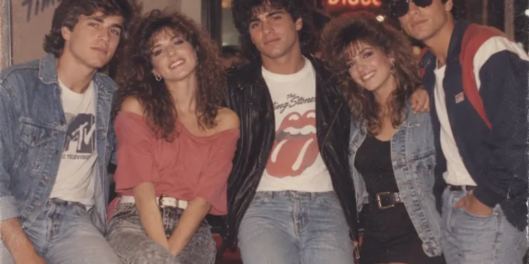 Grupo de jovens com roupas e penteados inspirados nos anos 80, representando a criação de fotos retrô com o ChatGPT.