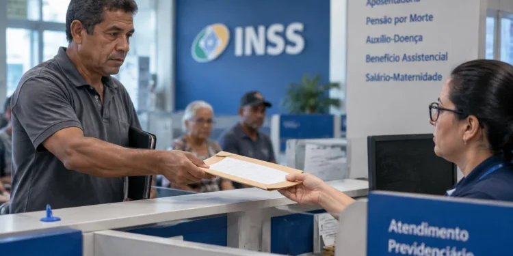 Segurado entrega documentos para análise de requerimento em atendimento do INSS