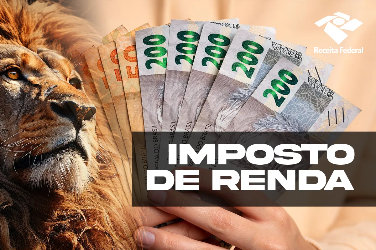 Notas de dinheiro, com o leão do Imposto de Renda e o símbolo da Receita Federal, representando o funcionamento do lote residual do Imposto de Renda.