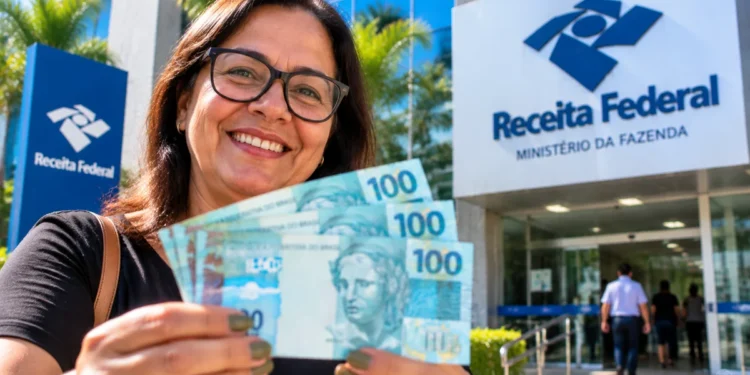 Contribuinte segura cédulas de reais em frente à Receita Federal, representando a liberação do lote residual de restituição do Imposto de Renda 2026.