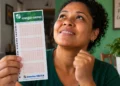 Apostadora segura volante da Mega-Sena, representando a semana com cinco sorteios consecutivos em outubro.