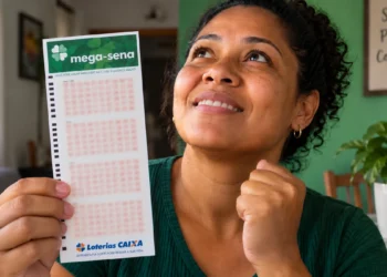 Apostadora segura volante da Mega-Sena, representando a semana com cinco sorteios consecutivos em outubro.