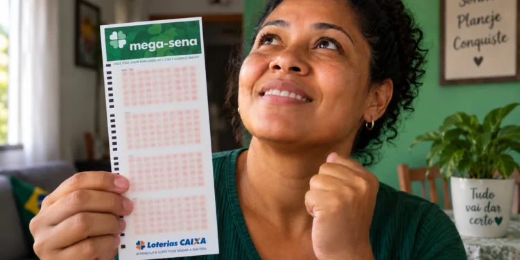 Apostadora segura volante da Mega-Sena, representando a semana com cinco sorteios consecutivos em outubro.