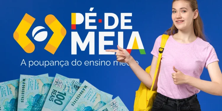 Arte com estudante de mochila apontando para a marca do Pé-de-Meia ao lado de cédulas de cem reais