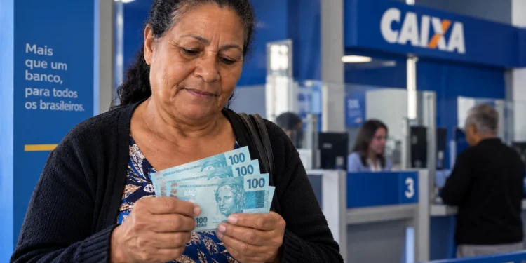 Beneficiária confere notas de R$ 100 em agência bancária, representando o pagamento do BPC.