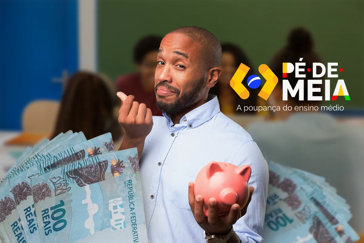 Arte com homem segurando cofre em formato de porquinho ao lado da marca do Pé-de-Meia e cédulas de cem reais