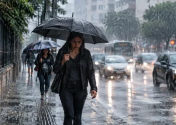Pessoa caminhando com guarda-chuva durante chuva intensa em área urbana, representando a previsão de chuvas no Sul e Sudeste