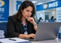 Servidora do INSS analisando informações em notebook, representando a análise de pedidos de benefício por incapacidade temporária por meio do Atestmed.