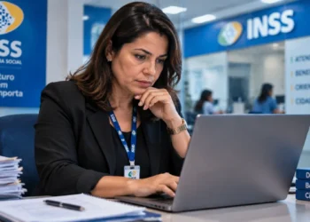 Servidora do INSS analisando informações em notebook, representando a análise de pedidos de benefício por incapacidade temporária por meio do Atestmed.