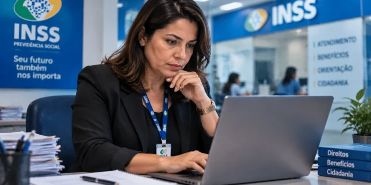 Servidora do INSS analisando informações em notebook, representando a análise de pedidos de benefício por incapacidade temporária por meio do Atestmed.