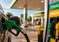 Posto de combustível com bombas de gasolina e etanol representando a redução de tributos anunciada pelo Governo Federal.