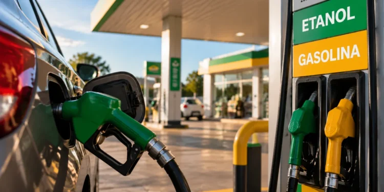 Posto de combustível com bombas de gasolina e etanol representando a redução de tributos anunciada pelo Governo Federal.