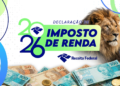 Imagem ilustrativa: arte do Imposto de Renda 2026 com leão, cédulas e logotipo da Receita Federal, sobre o lote residual