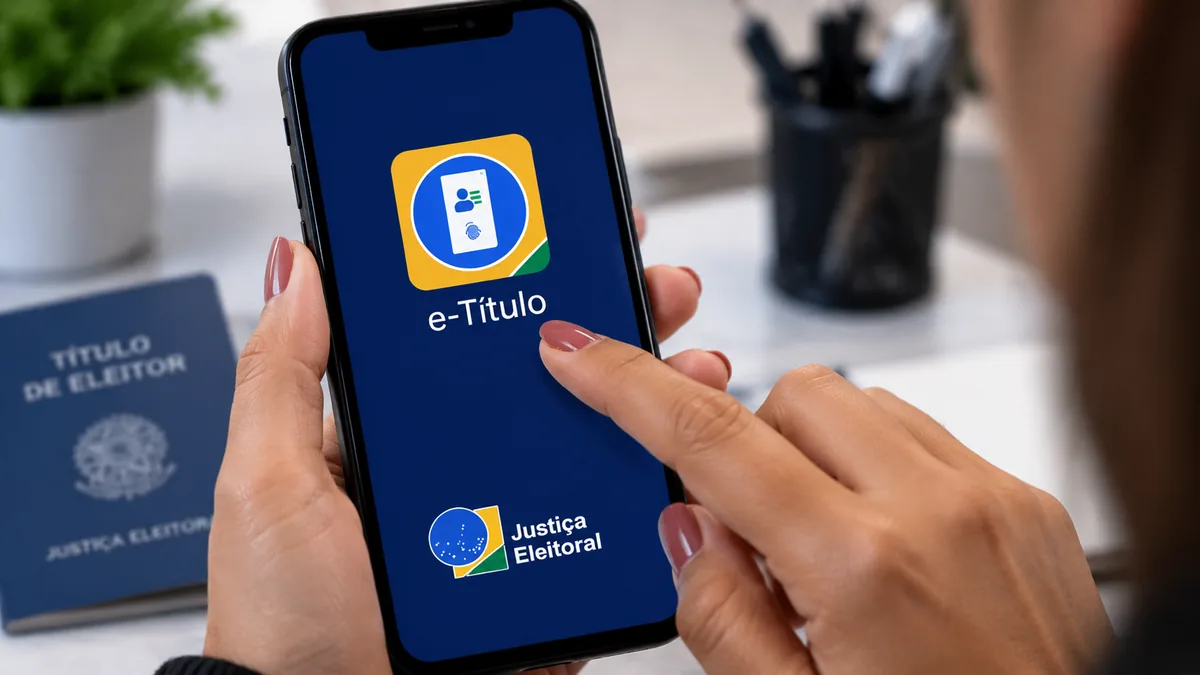 Pessoa acessa o aplicativo e-Título pelo celular, representando os principais serviços disponíveis aos eleitores.
