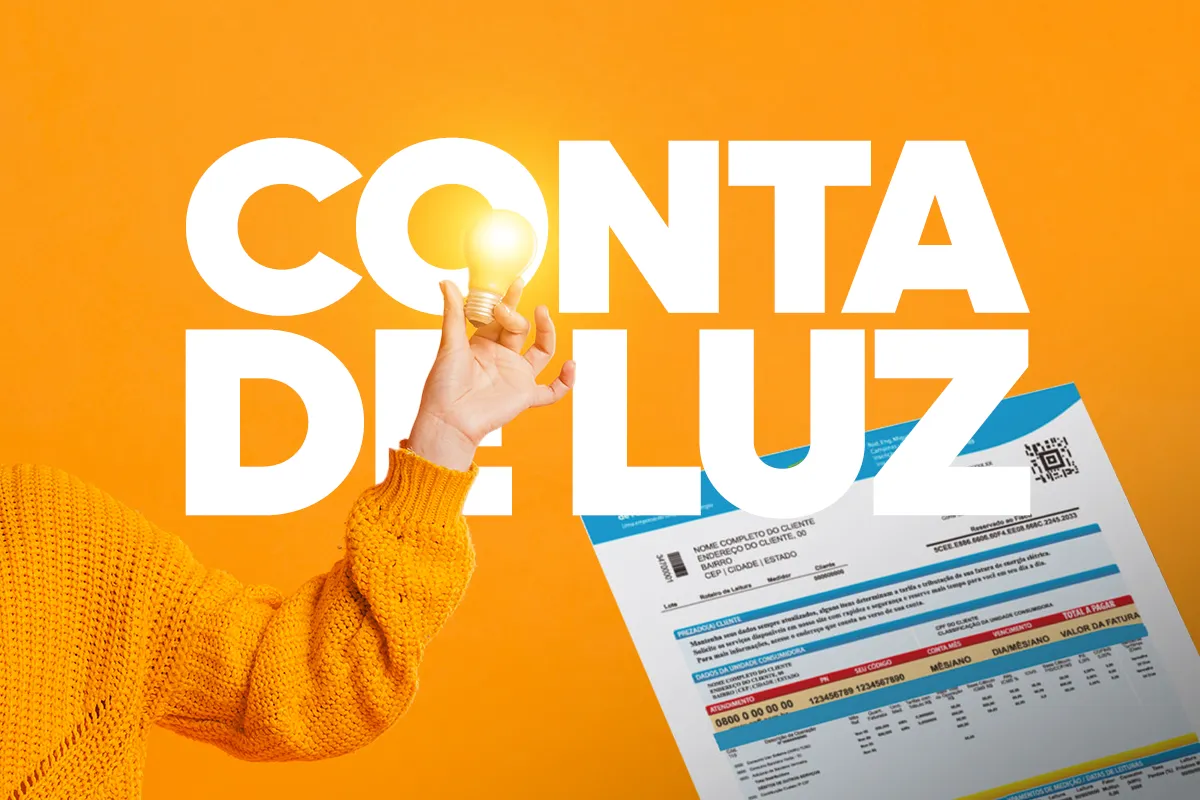 Arte com mão segurando lâmpada acesa ao lado de fatura de energia, tema do empréstimo na conta de luz