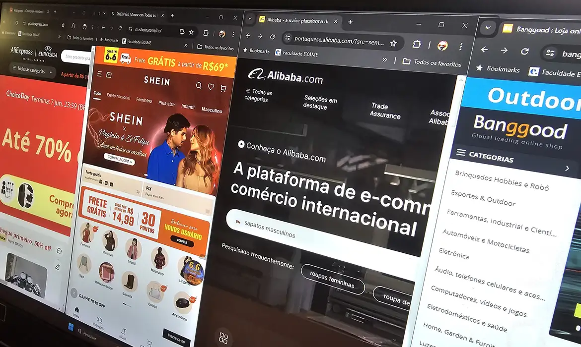 Sites de compras internacionais como AliExpress, Shein, Alibaba e Banggood abertos em telas de computador.