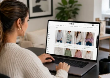 Mulher acessa site da Shein em notebook durante compra de roupas pela internet.