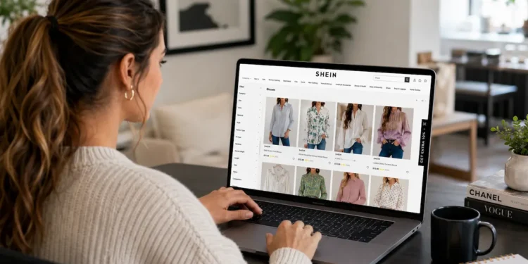 Mulher acessa site da Shein em notebook durante compra de roupas pela internet.