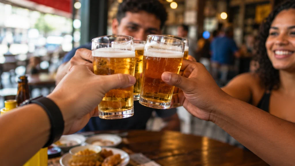 Pessoas brindam com cerveja em um bar, representando os estados sem restrição à venda e ao consumo de bebidas alcoólicas nas eleições.