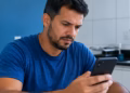 Imagem ilustrativa de homem com expressão preocupada lendo uma mensagem no celular em casa, situação de quem recebe o golpe da falsa intimação fiscal