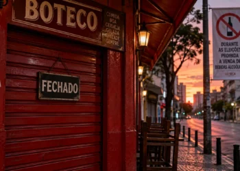Boteco fechado representando a restrição de bebidas alcoólicas nas Eleições 2026.